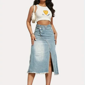 High Waist Denim Fashion Button Faded Slit Skirt