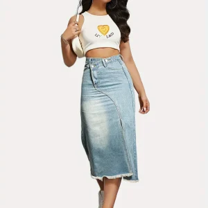 High Waist Denim Fashion Button Faded Slit Skirt - Image 2