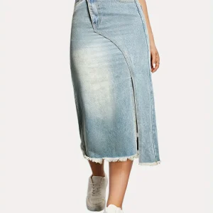 High Waist Denim Fashion Button Faded Slit Skirt - Image 3