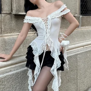 Hollow Out Lace Crop Top Off Shoulder Slim Tank Tops Lace-up T-shirts - Image 2