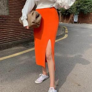 Knitted Skirts Elastic Waist Split Pencil Skirt Casual Bodycorn Long Midi Skirt