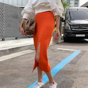Knitted Skirts Elastic Waist Split Pencil Skirt Casual Bodycorn Long Midi Skirt - Image 2