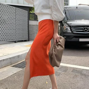 Knitted Skirts Elastic Waist Split Pencil Skirt Casual Bodycorn Long Midi Skirt - Image 3