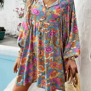 Lantern Long Sleeve Bohemian V Neck Loose Boho Beach Vestidos