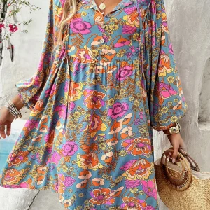 Lantern Long Sleeve Bohemian V Neck Loose Boho Beach Vestidos - Image 2