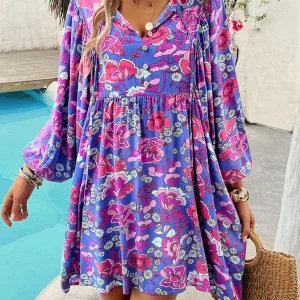Lantern Long Sleeve Bohemian V Neck Loose Boho Beach Vestidos - Image 5