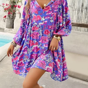 Lantern Long Sleeve Bohemian V Neck Loose Boho Beach Vestidos - Image 7
