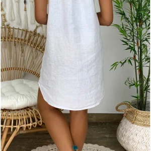Linen Cotton V-Neck Holiday Casual Vintage Boho Streetwear Mini Dress Vestidos - Image 3