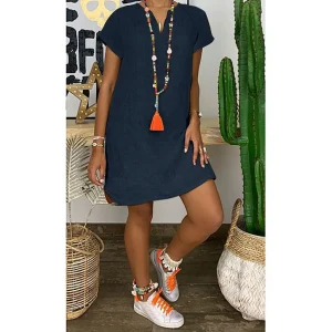 Linen Cotton V-Neck Holiday Casual Vintage Boho Streetwear Mini Dress Vestidos - Image 9
