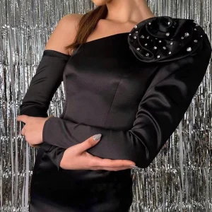 Long Sleeved 3D Flower Diamond Bandage Split Long Dress Bodycon Banquet Evening Dress - Image 3