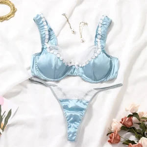 Luxury Satin Bra Set Lace Splicing Lingerie Beautiful Outfits Fancy Underwear - Image 2