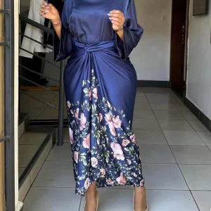 Matte Floral Print 2 Vacation Piece Set Satin Outfits Long Sleeve Ribbed Party Vacation Outfits - Image 3
