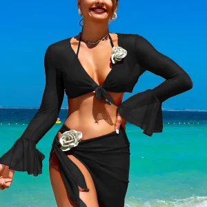 Mesh 4 Piece Bikinis Set Flare Long Sleeve Cover Up with Skirt Beach Holiday Bathing Suit - Image 5