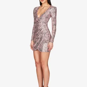 Party Dresses V-Neck Sequins Long Sleeves Color Block Semi Formal Dress - Image 5