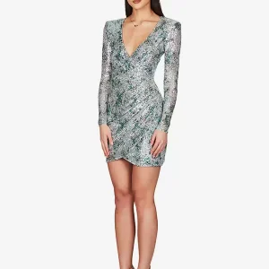 Party Dresses V-Neck Sequins Long Sleeves Color Block Semi Formal Dress - Image 4