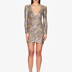 Party Dresses V-Neck Sequins Long Sleeves Color Block Semi Formal Dress - Image 10