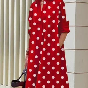Polka Dots Daily Wear Dresses Side Double Pockets Long Sleeve Midi Gown - Image 3