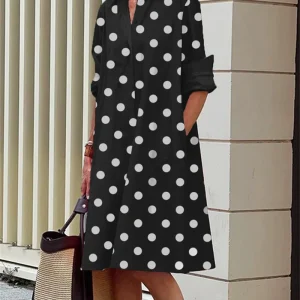 Polka Dots Daily Wear Dresses Side Double Pockets Long Sleeve Midi Gown