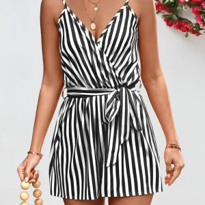 Print Striped Beach Vacation One-piece Halter Casual Loose Lace Up Shorts Jumpsuit