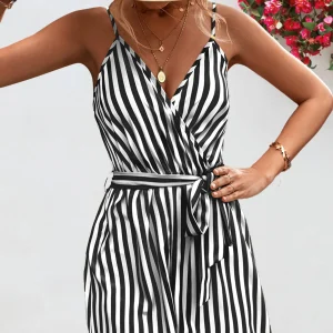 Print Striped Beach Vacation One-piece Halter Casual Loose Lace Up Shorts Jumpsuit - Image 2