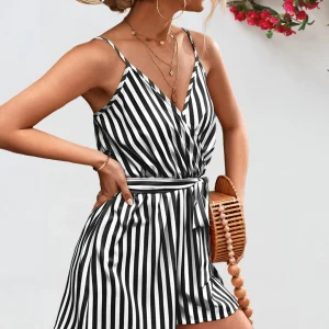 Print Striped Beach Vacation One-piece Halter Casual Loose Lace Up Shorts Jumpsuit - Image 3