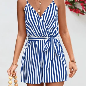 Print Striped Beach Vacation One-piece Halter Casual Loose Lace Up Shorts Jumpsuit - Image 8