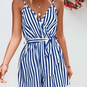 Print Striped Beach Vacation One-piece Halter Casual Loose Lace Up Shorts Jumpsuit - Image 9