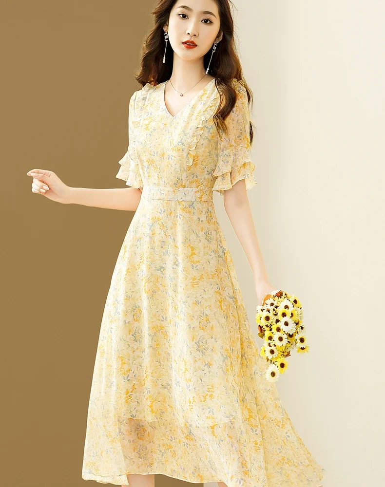 Printed V-neck Chic Office Fairy A-line Chiffon Dresses