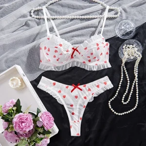 Push Up Bra Set Love Print Mesh Underwear Romantic Ruffles Lingeries - Image 2