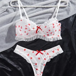 Push Up Bra Set Love Print Mesh Underwear Romantic Ruffles Lingeries - Image 3