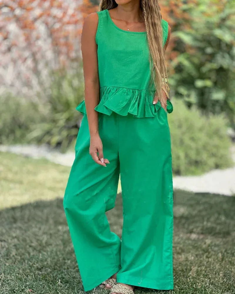 Ruffled Fashion Cotton And Linen Suit Wide Leg Pants 2 Piece Set