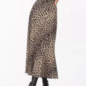 Satin Fabric Natural Waist Chic Leopard Print Fall Long Bottom Skirts - Image 5