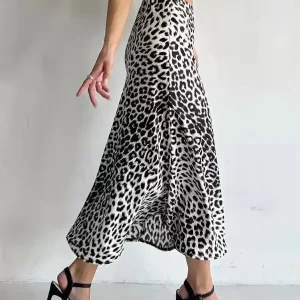 Satin Fabric Natural Waist Chic Leopard Print Fall Long Bottom Skirts - Image 3