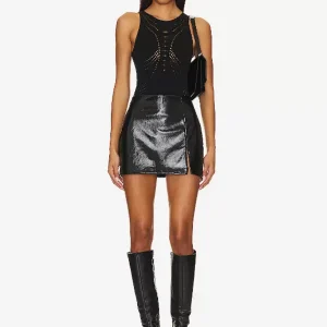Skirts Red PU Leather Natural Waist Low-slit Fall Short