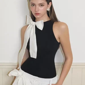 Sleeveless Bodysuit Jewel Neck Bows Two-Tone Chic Polyester Top - Image 6