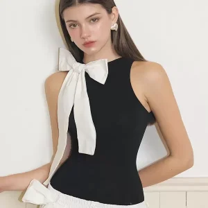 Sleeveless Bodysuit Jewel Neck Bows Two-Tone Chic Polyester Top - Image 4