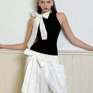 Sleeveless Bodysuit Jewel Neck Bows Two-Tone Chic Polyester Top - Image 3