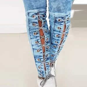 Slim-Fit Lace Up Streetwear Jeans Trousers Mid Waist Denim Pencil Pants - Image 2
