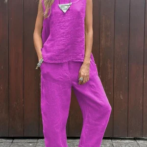 Solid Color Cotton And Linen Suit Simple Pocket Casual Long Pants 2 piece Set - Image 4