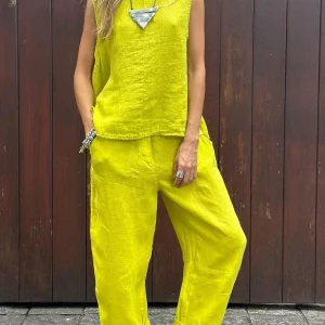 Solid Color Cotton And Linen Suit Simple Pocket Casual Long Pants 2 piece Set