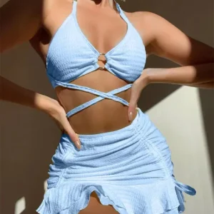 Solid Halter Ring Linked Criss Cross Cover Up 3 Piece Ruffles Skirt Swimwear