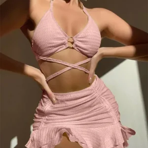Solid Halter Ring Linked Criss Cross Cover Up 3 Piece Ruffles Skirt Swimwear - Image 3