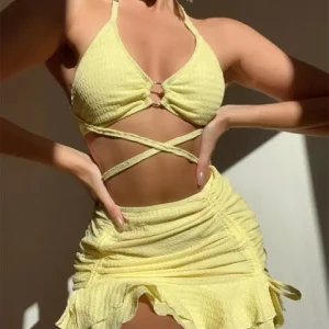 Solid Halter Ring Linked Criss Cross Cover Up 3 Piece Ruffles Skirt Swimwear - Image 6