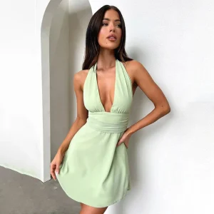 Waist Wrap A-line Dress Halter Mini Dress Backless Deep V Neck Vestidos - Image 2