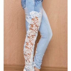 Lace Trimmed Solid Pattern Cotton Denim Jeans - Blue