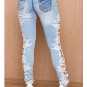 Lace Trimmed Solid Pattern Cotton Denim Jeans - Blue - Image 2