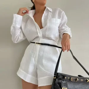 Casual Button Pockets Short And Lapel Blouse Outfit - Image 3