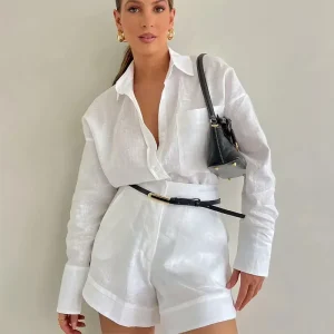 Casual Button Pockets Short And Lapel Blouse Outfit - Image 2