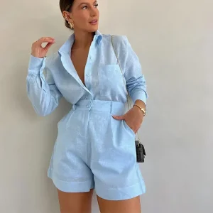 Casual Button Pockets Short And Lapel Blouse Outfit - Image 6