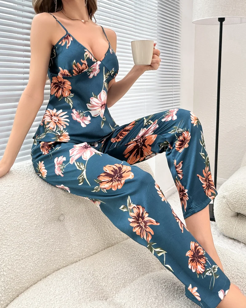 Casual Floral Print Sleepwear And Soft Long Pajama Set